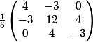 \frac{1}{5}\begin{pmatrix} 4 & -3 & 0\\ -3& 12 &4 \\ 0& 4 & -3 \end{pmatrix}